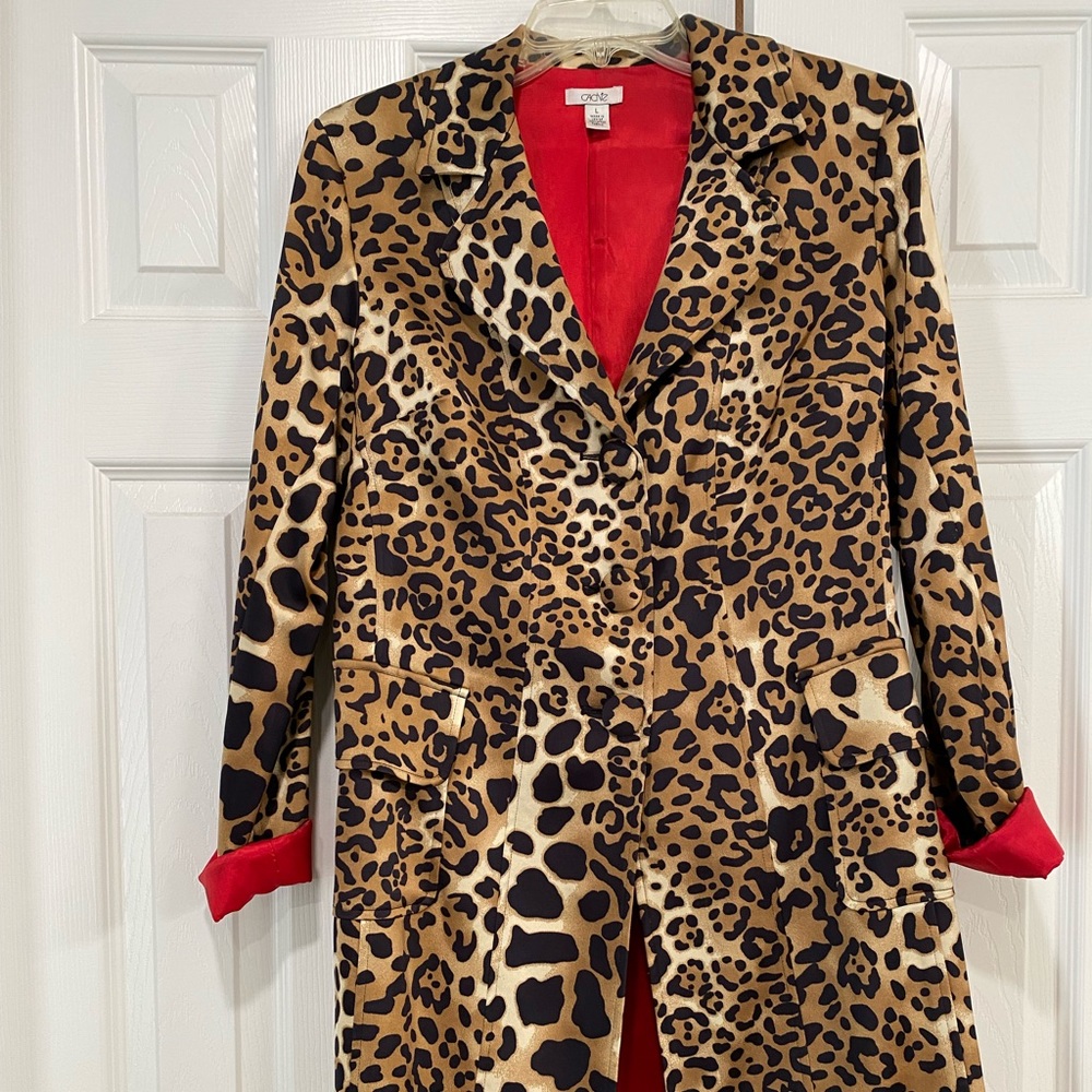 Cache Cheetah Long Jacket with RED lining, rolled sleeves and pockets! STUNNING!